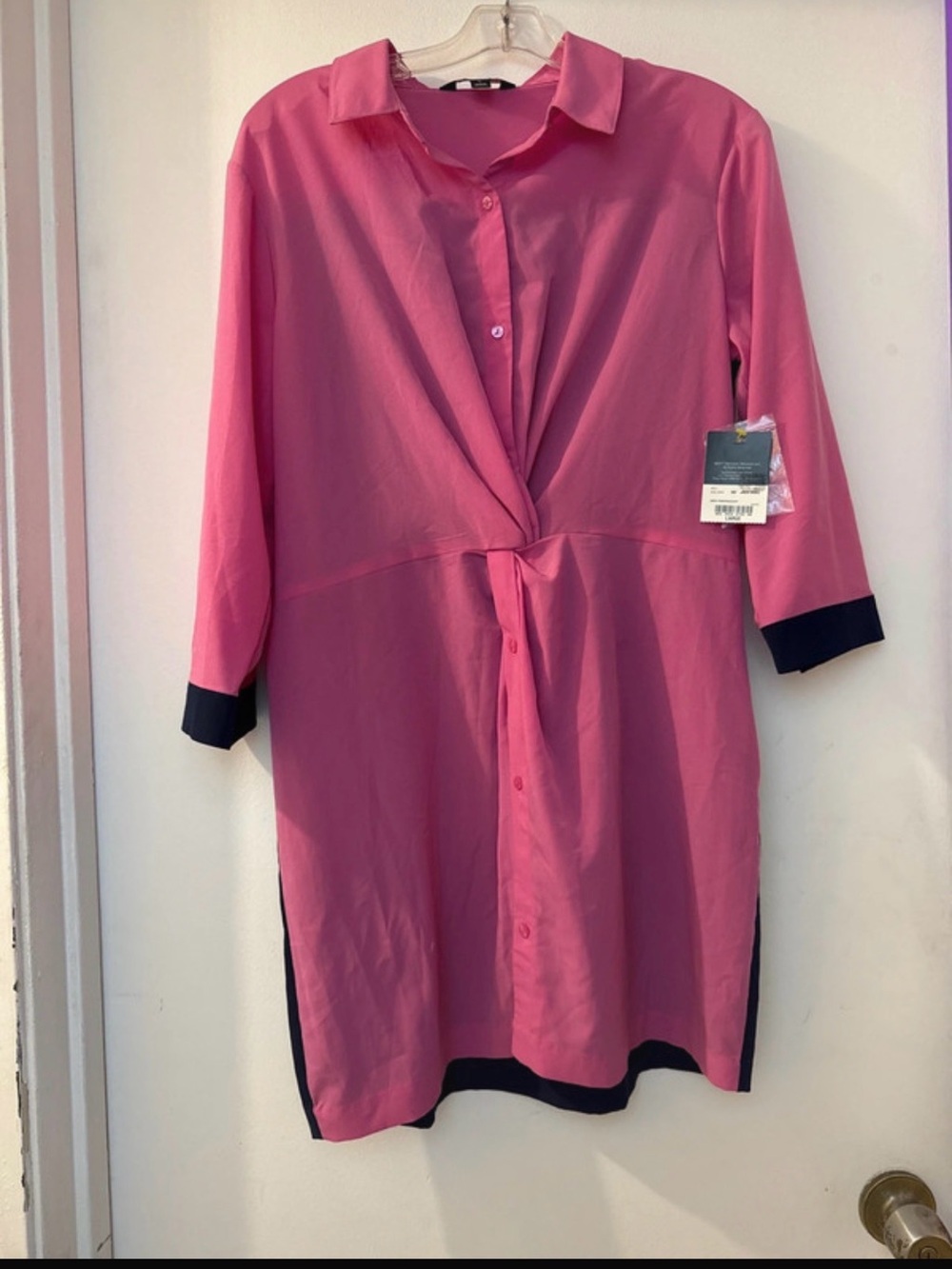 project RUNWAY Pink Tie-Front Shirt Dress with Black Trim